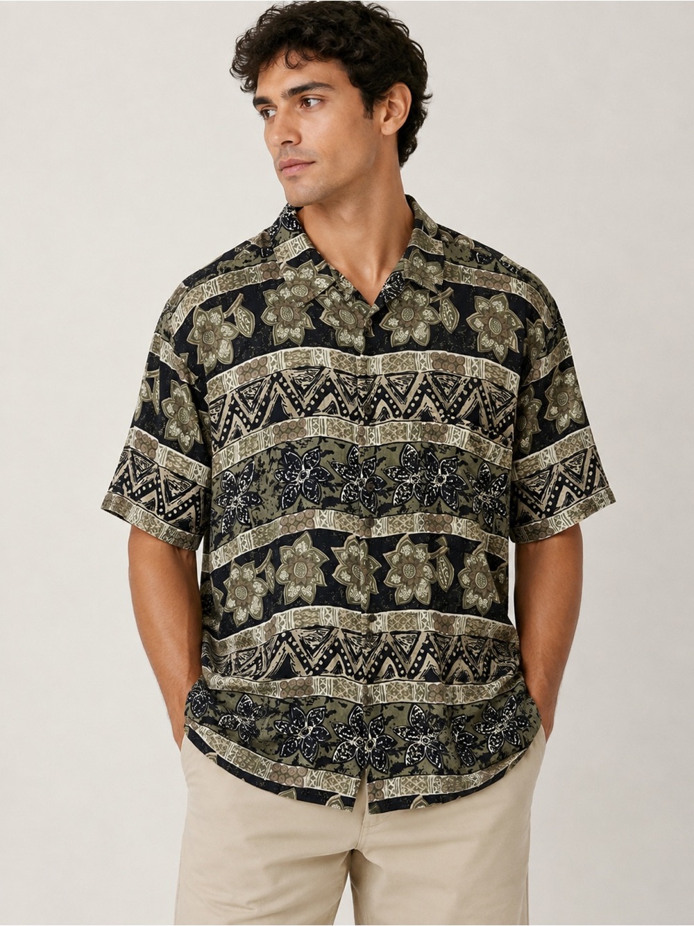 Porcini Silk Men's 100% Silk Vintage Geometric Floral Button-Up Shirt Size L